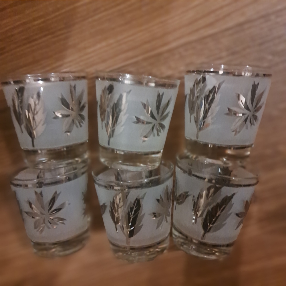 VTG MCM Libbey Frosted Silver Leaf Glass Highball/ OJ Tumblers Set Of 6